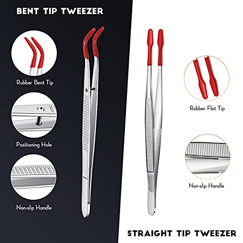 2 Piece Tweezers with Rubber Tips Set - Bent and Straight Flat Tips Tweezers PVC Coated for Stamp Coins Jewelry Crafts, Electronics(Silver, Red) - color: Silver, Red