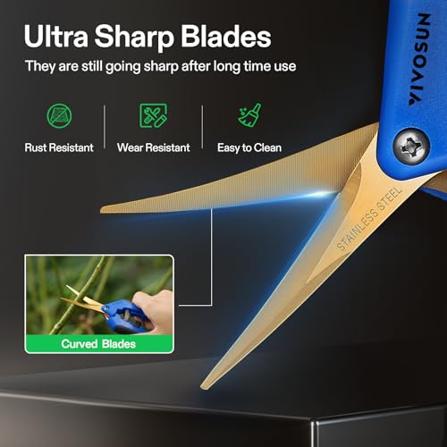 VIVOSUN 6-Pack 6.5 Inch Gardening Scissors Hand Pruner Pruning Shear with Titanium Coated Curved Precision Blades - style: Blue Curved Blade