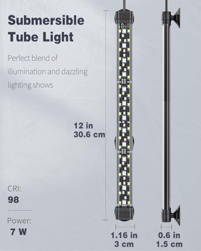Pawfly 6.5 W Aquarium LED Light 12 Inch 24/7 Fish Tank Light with Full Spectrum IPX8 Waterproof Lights Multi-Colored LEDs with D/N Mode Single Color Effects Timer and Adjustable Brightness - color: Basic, size: 12 Inch for 13 to 22 Inch Tank