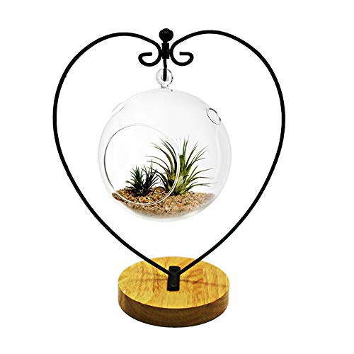 YY YEARCHY Ornament Display Stand Indoor Metal Stand Terrarium Air Plant Stand Flower Pot Holder Iron Pothook Stand for Hanging Glass Globe Ball (Heart round wood) - color: Black, size: 11.02"x4.53"x4.53"