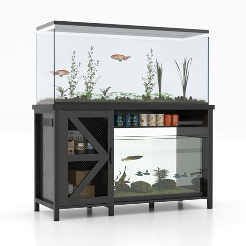 OC Orange-Casual 55-75 Gallon Aquarium Stand with LED Lighting & Power Outlets - Heavy Duty Metal Fish Tank Cabinet with Adjustable Shelves, 1000LB Capacity, Black
