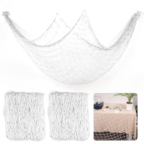 2 Pcs Fish Net Decorations, 39x78 Inch Cotton Nautical Themed Fishing Net, Wall Hanging Photo Display Fishnet for Coastal Bedroom Bathroom, Pirate Beach Under The Sea Party Decor, Bleached White - color: Bleached White