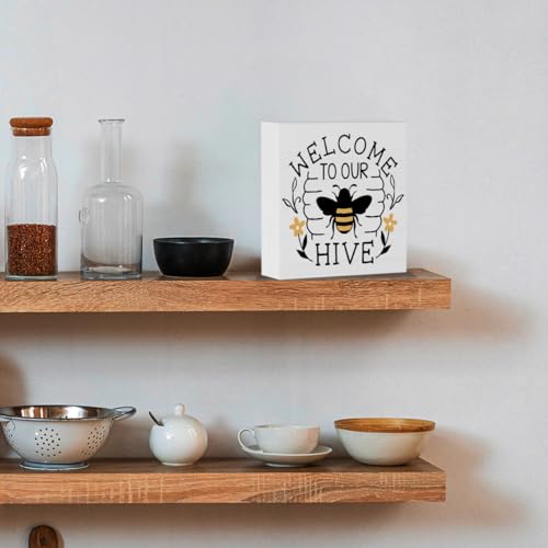 Summer Bee Sign Decor Bee Decorations for Home Welcome to Our Hive Wooden Box Sign Desk Accessories Home Office Bedroom Bathroom Decor 5 X 5 Inch - color: Welcome