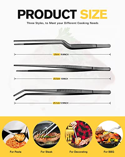 Fine Cooking Tweezers Set, Professional Stainless Steel Food Tongs, Kitchen Black Long Chef Tweezer for Cooking, Plating, Decorating and BBQ (BLACK, 10 inch) - color: Black, size: 10 inch