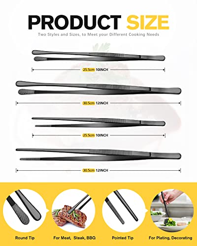 4 Pcs Fine Long Tweezer Tongs Professional Black, 12'' and 10'' Stainless Steel for Kitchen, Food, Cooking, Repairing, Sea food and BBQ - color: Black