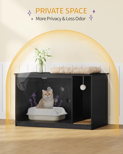 Hzuaneri Cat Litter Box Enclosure, Hidden Litter Box Cabinet Furniture with Bell, Indoor Cats House, Farmhouse Style, 39.4 x 21.7X 24.8 Inches for Hallway, Bedroom, Black CB85204X - color: Black, size: 39.4"L x 21.7"W x 24.8"H