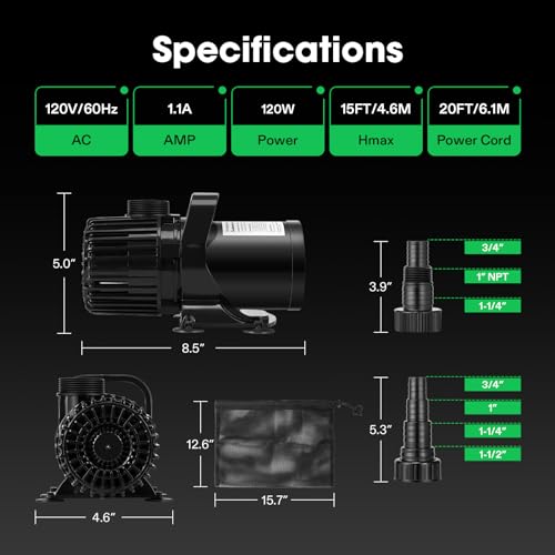 VIVOSUN 2700 GPH Submersible Water Pump with Barrier Bag, 120W Pond Pump, Ultra Quiet Aquarium Pump with 15FT. Lift Height for Pond, Waterfall, Fish Tank, Statuary, Hydroponic - size: 120W with Barrier Bag
