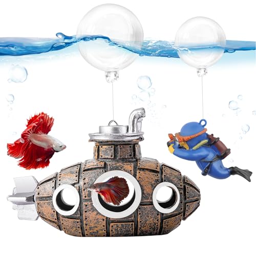 New Upgrade Floating Fish Tank Decoration, Cute Retro Submarine Set and Floating Diver,Three Float Balls, Aquarium Decorations Resinous Betta Fish Tank Accessories - color: Brown