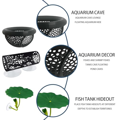 3-Piece Set Fish Tank Decor, Large Black and Small Black Decorations with Lotus, Betta Fish Toys for Aquarium, Beta Hammock for Fish Tank