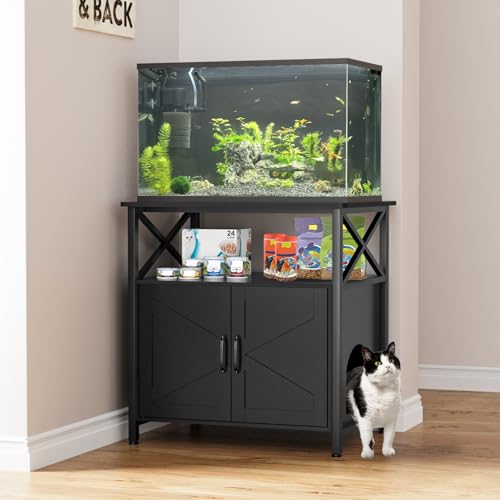 GDLF 20-29 Gallon Cat Fish Tank Stand with Cat Litter Box Enclosure Furniture, Aquarium Terrarium Stand with Shelf Storage,30.7" Lx 17.32" W Tabletop, 330 lbs Capacity, Black - size: 20-29 gallon