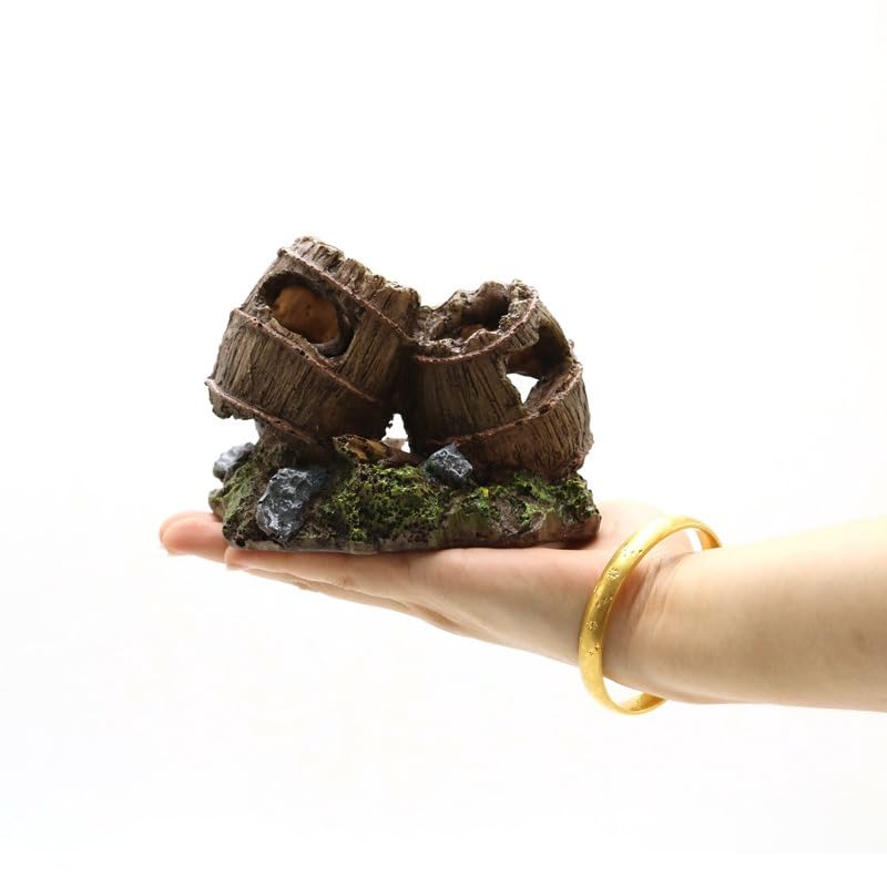 Resin Broken Barrel Aquarium Decoration, Fish Tank Ornament with Moss and Rocks, 10x8x9cm