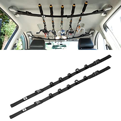 Raynesys Vehicle Fishing Rod Holder, Car Fishing Pole Roof Rack Inside, 5 Rod Capacity, Heavy Duty Adjustable 30-54 Inch, Fishing Rod Carrier Fishing Pole Storage Straps for Truck Car SUV Wagons Van