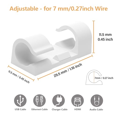60 Pcs White Cable Clips with 3M Adhesive, Wire Holders Under Desk, Cord Management for Wall, Car, Ethernet, PC, Christmas Light Indoor/Outdoor - color: White