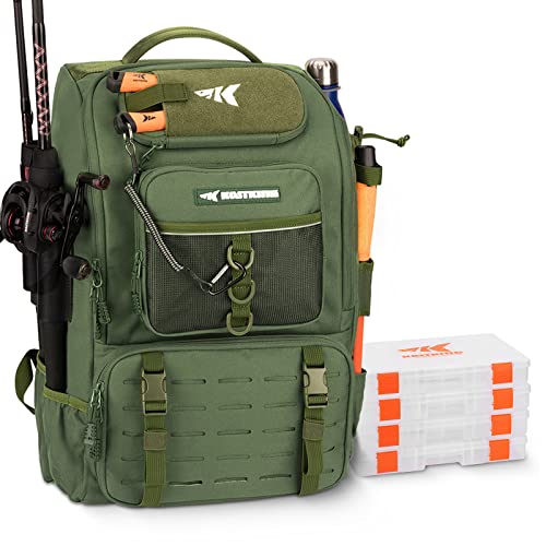 KastKing KarryAll Fishing Tackle Backpack with Rod Holder 4 Tackle Boxes,40/26L Tackle Bag Storage Fishing Gear and Equipment - color: C: Large (40 L) - Green