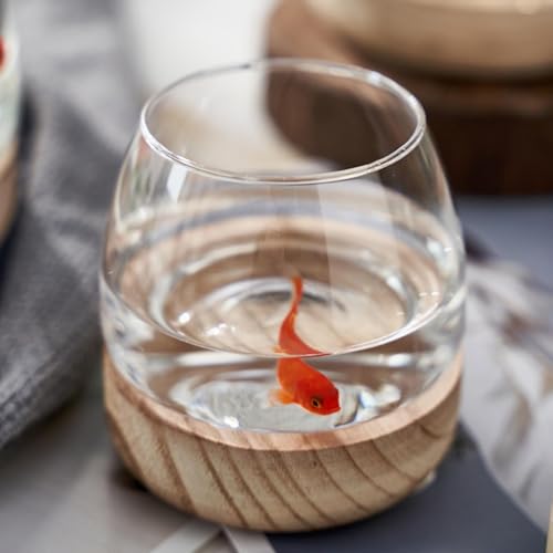 Glass Fish Bowl with Wooden Base - Clear Aquarium for Betta/Goldfish, Hydroponic Plant Vase Art Deco, Home Decor - size: 15cm