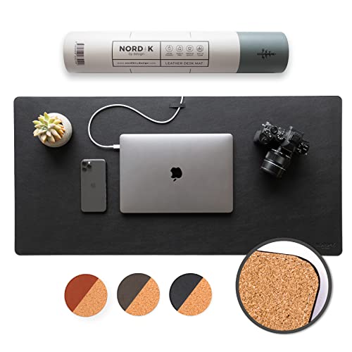 Nordik Cork Leather Desk Mat Cable Organizer (Pebble Black 35 X 17 inch) Premium Extended Mouse Mat for Home Office Accessories - Non-Slip Vegan Leather Desk Pad Protector & Desk Blotter Pad - color: Cork Pebble Black
