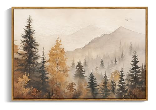 OIQArtOIQ Vintage Framed Wall Art Autumn Mountain Landscape Canvas Art Prints Fall Forest Rustic Farmhouse Pictures Wall Decor Modern Cottagecore Paintings Artwork For Bedroom Bathroom Living Room - color: Fall Trees, size: 16x24 in