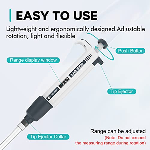 LAB FISH Laboratory Micropipette 1000-5000ul Capacity Range High Accurate Single Channel Pipettor Manual Adjustable Volume Pipettes Increment 50ul with 40pcs 5000ul Pipette Tips Set - style: 1000-5000ul Set