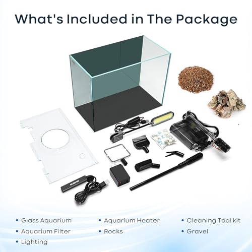 2.6 Gallon Small Aquarium Set Glass Fish Tank, Starter Kit with Heater Water Pump Cleaning System Filter Bright Light Rocks Gravel Cleaning Tool, Leak-Proof Clear Rimless Desktop Spaces Saving Betta