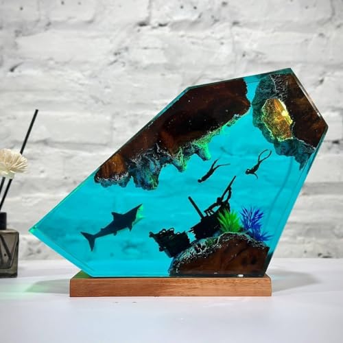 Shark Ocean Resin Lamp, Handmade Wooden Table Resin Night Light, USB Port Art Ornaments for Home Office Decor, Scuba Diver Gifts for Birthday Holiday, Valentine's Day Gifts for Husband - color: Shark, size: S
