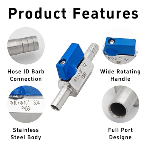3/8” 304 Stainless Steel Mini Barb Ball Valve, Hose Shut Off Valve with Clamps, Corrosion Resistant Shut-Off Switch for Water, Gas, Fuel, Drip Irrigation - size: 3/8”