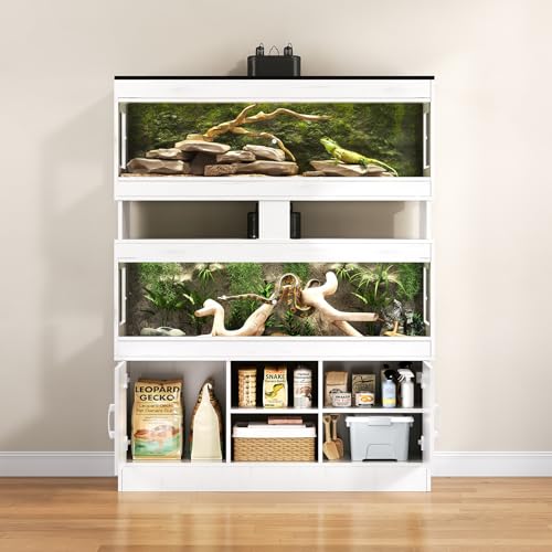 Dual 60 Gallon Reptile Tank with Stand,Reptile Enclosure,Bearded Dragon Tank,Reptile Terrarium with Cabinet,Sliding Doors,Power Outlet for Snakes,Lizards,Crested Geckos White CAGE003E - color: Vintage White, size: 60 Gallon+60 Gallon