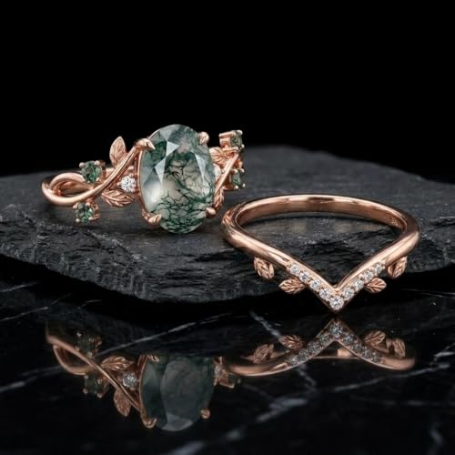 Natural Moss Agate Engagement Ring Set for Women, Unique Genuine Moss Agate Ring, 925 Sterling Silver 10K 14K 18K Solid Gold Nature Inspired Bridal Set, Boho Wedding Jewelry Gift - color: Five