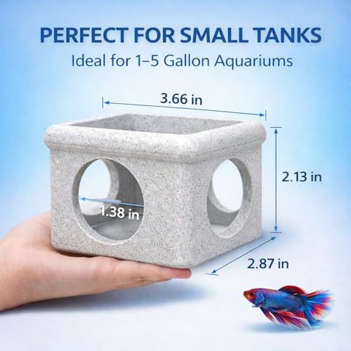 CPLIKE Marble Floating Betta Fish Hideout with Viewing Window & Round Holes – Floating Cave Hammock, Feeding Platform & Rest Tunnel – Betta Fish Shelter for Nano Tanks, Bowls & Small Aquariums - color: C: Grey
