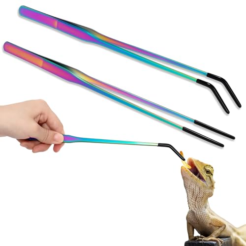 Lasnten 2 Pcs Extra Long Stainless Steel Reptile Feeding Tongs with Rubber Tip 10 Inch, 10.5 Inch Bearded Dragon Aquarium Straight and Curved Long Tweezer Terrarium Feeder Tool for Tank(Colorful) - color: Colorful, size: 10 Inch, 10.5 Inch