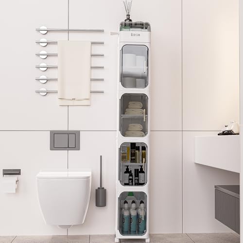 BINSIO 5-Tiers Slim Bathroom Organizers and Storage, Bathroom Counter Organizer, Toilet Paper Storage, Foldable Organizer Storage Cabinet, Portable Laundry Room Organization, Plastic White Clear Doors - size: 5 Tiers