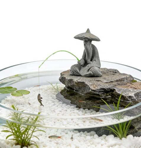livelyfish Mini Fisherman Statue Asian Zen Decoration Sitting Fishing Figurines Sandstone Vintage Ornament for Aquarium Fish Tank Pot Garden Home Japanese Decor,D - color: Gray