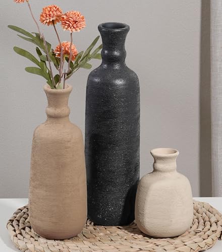 Ceramic Vase Set, 3Pcs Flower Vases for Modern Boho Farmhouse Decor, Decorative Vases for Pampas Grass & Dried Flowers, Distressed Finish - color: H