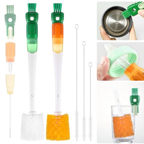 5 Pack Bottle Brush Set, 5 in 1 Long Handle Water Bottle Cleaning Brush, 3 Straw Brushes for Stanley Yeti Owala, Travel Nipple Detail Cup Cleaner Washer Brush for Wine Lid Gap - color: Orange