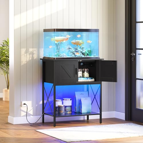 HOOBRO 20 Gallon Fish Tank Stand with Power Outlets and LED Light, Metal Frame Aquarium Stand, Reptile, Turtle Tank Stand with Cabinet Storage, 27.6'' L x 15.7'' W, 300 LBS Capacity, Black BB40UDFT01 - color: Black