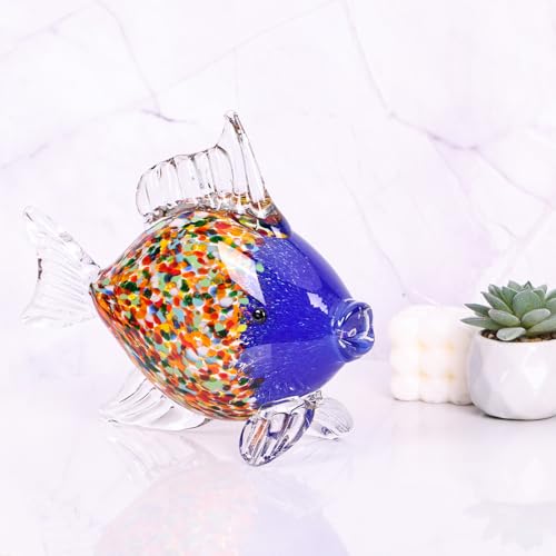 Large Hand Blown Glass Fish Figurines, Aquarium Sea Glass Art, Blue Orange Fish Statue Sculpture Modern Coastal Accent - for Beach Knick Knacks, Coffee Tables, Nautical Offices Centerpiece - color: Blue Orange