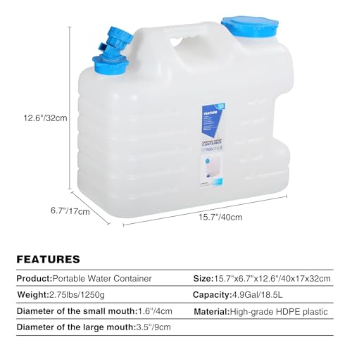 REDCAMP 5 Gallon/18.5L Portable Water Container with Spigot - Camping & Emergency Water Storage for Car, Hiking, Hurricane Supplies, 2 Pack - color: White, size: 5Gal/600 Ounces, 2 Pack