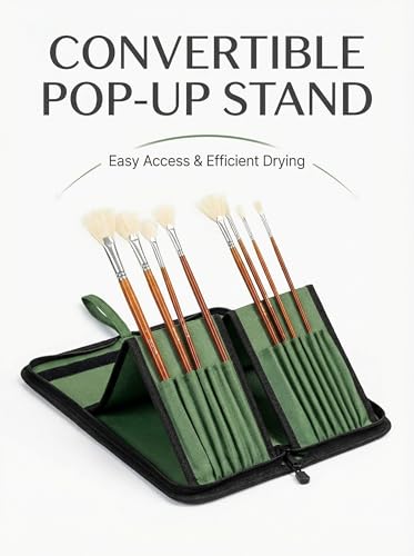 DUGATO Long Canvas Paint Brush Holder Zippered 5.7x14.8 inch, Premium Art Case for Brushes Long Handle up to 13" Length, 15 Slots Storage for Artist (Brush Not Included) - Green - color: Green, size: Large 5.7x14.8 inches
