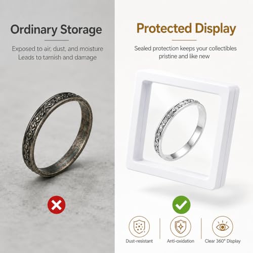 6 Pack 3D Floating Display Case, Freestanding Clear Suspension Frame and Jewelry Holder for Challenge Coins, Enamel Pins, Rocks, Rings and Plant Specimens - color: White, size: 2.7*2.7*0.8