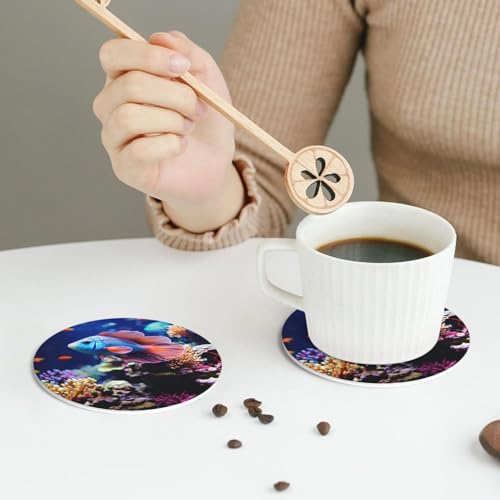 Drink Coasters Set of 4 Leather Coasters for Drinks Coral Reef Fish Aquarium Round Cup Mat Pad Easy Clean Bar Coasters Heat Resistant Funny Cup Coasters for Tabletop Protection,4 Inches - color: Round Shape