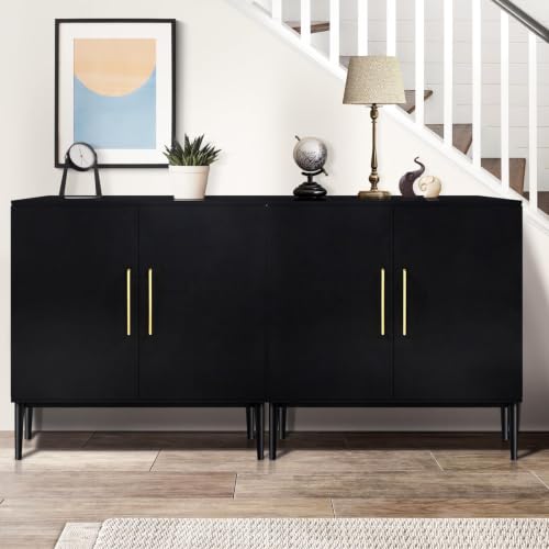 Set of 3 Black Storage Cabinet with Doors, Modern Accent Cabinet, Free Standing Cabinet with Adjustable Shelf, Wooden Buffet Sideboards for Living Room, Kitchen, Dining Room, Entryway - color: Black丨flat Panel, size: 3 Pieces
