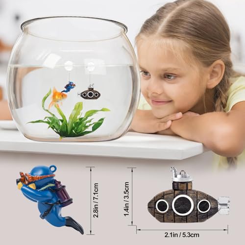 CousDUoBe 2.1 in Mini Floating Submarine Fish Tank Decoration Set，Cute Retro Submarine Set and Floating Diver,Aquarium Decorations Resinous Betta Fish Tank Accessories - color: Brown
