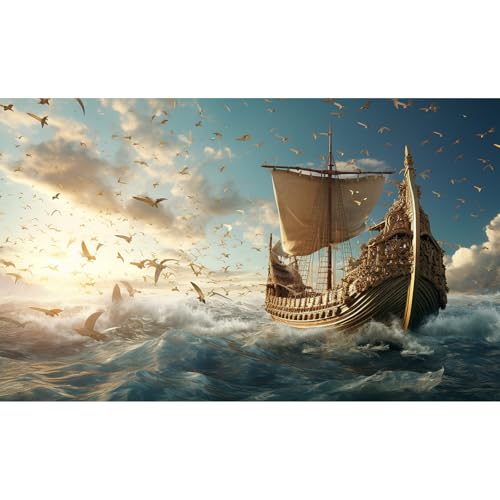 Sailing Ship Aquarium Background Splendid Surfy Ocean Flying Seagulls Fish Tank Background Majestic Golden Pirate Ship Terrarium Backgrounds Deep Seascape Blue Sky Reptile Tank Backgrounds 24x12in - color: Dark Blue, size: 24(W)x12(H)in