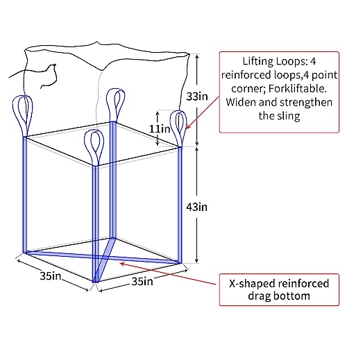 2 Pack FIBC Bulk Bag, Flexible Bulk Bags1.5 Ton Bag, 35"L x 35"W x 43"H, 3300lbs SWL, Duffle Top Flat Bottom Heavy Duty, Woven Polypropylene Waste Bag