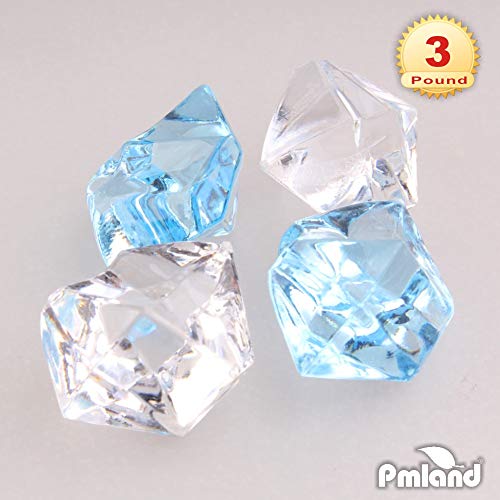 PMLAND Clear Fake Ice Rocks – 550 Pcs Large Mixed Light Blue Acrylic Gems Crushed Plastic Diamonds, 3 Lbs / 2.25 Quarts Bulk Vase Filler for Centerpieces Wedding Theme Décor Aquarium Table Scatter - color: Light Blue/Clear Blend