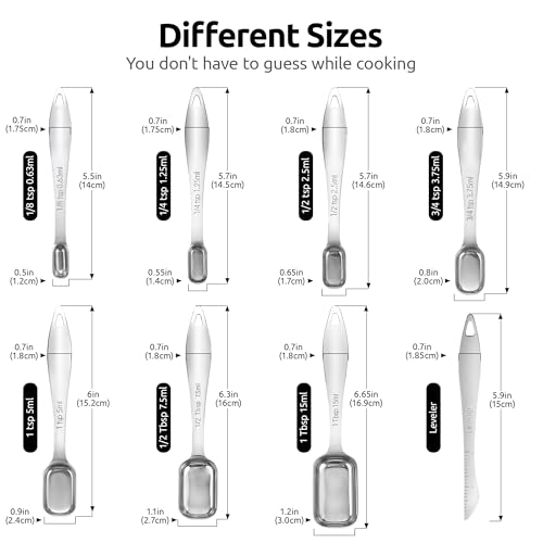 U-Taste Narrow Square Measuring Spoons: 18/8 Stainless Steel Kitchen Measure Teaspoon Tablespoon with Leveler, Polygon Rectangular Metal Jar Scoop for Baking Cooking, Coffee, Spice, Powder (Set of 8) - size: 7 Spoons+1 Leveler