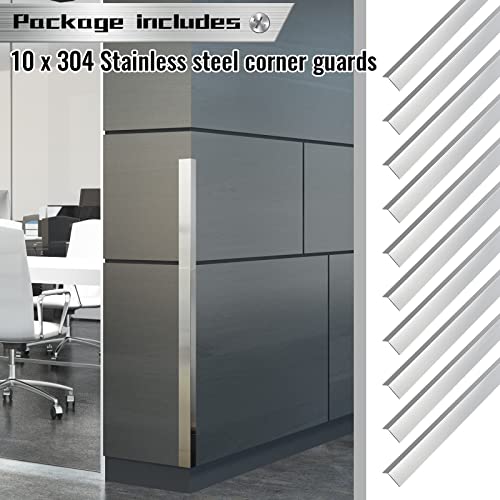 Therwen 10 Pcs 304 Stainless Steel Wall Corner Guards 1.5 x 1.5 x 36 Inch Self Adhesive Heavy Duty Corner Protector Trim with 90 Degree Angle for Wall Protection Metal Edge Guard - size: 1.5 x 1.5 x 36 Inch
