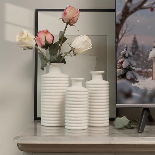 Ceramic Vase Set, Cream White Vases Home Decor, Boho Rustic Farmhouse Vase for Pampas Grass Fresh Flowers, Modern Vases for Living Room, Bedroom, Bathroom, Entryway, Dresser Table Decor - color: White