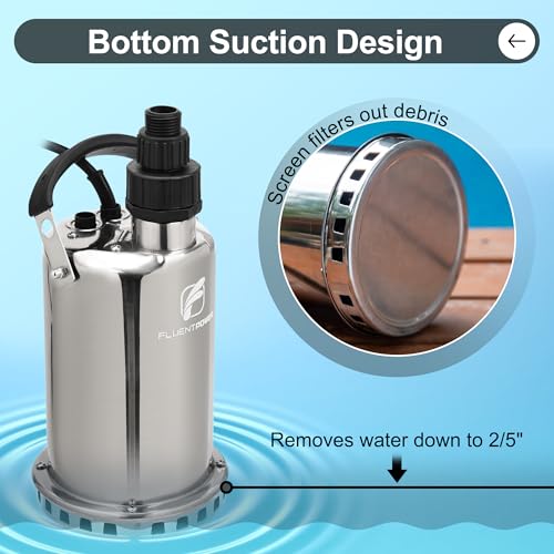 FLUENTPOWER 3/4HP Submersible Sump Pump, 3300GPH Stainless Steel Utility Water Pump, Manual Control with 26-Foot Cord for Pool Tub Garden Pond Basement Flood Cellar Draining - style: 3/4HP 3300GPH Stainless Steel