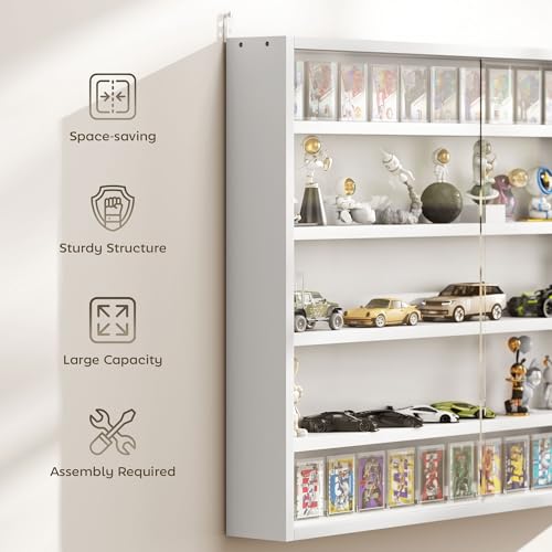 HOMCOM 5-Tier Display Cabinet, Glass Door Cabinet with Adjustable Shelves, Wall-Mounted Display Case for Playroom, Bedroom, White - color: White