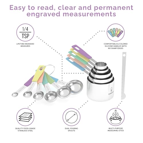 CuttleLab Measuring Cups and Measuring Spoons Set of 14 - Stainless Steel Measuring Cups and Spoons Set, Includes 1/8 Teaspoon Measuring Spoon, 1/8 Cup Measuring Cup, Leveler Dry (14,Cotton Candy) - color: Cotton Candy